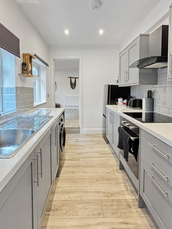 Modern galley kitchen with grey cabinetry, stainless steel appliances, and wood-effect flooring