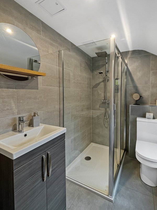 Modern bathroom with walk-in shower, sink vanity, toilet and heated towel rail