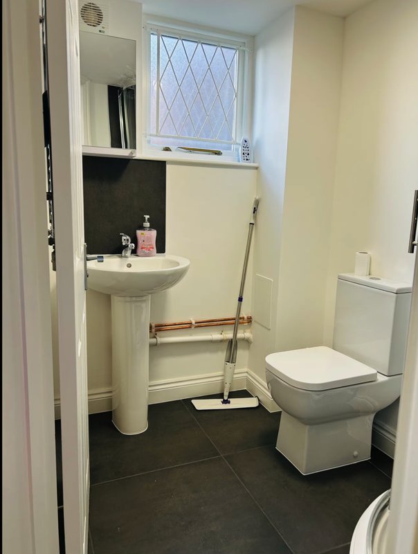 Compact bathroom with pedestal sink, toilet, and window with diamond-patterned glass