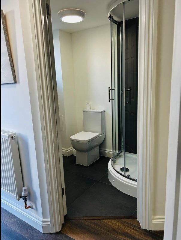 Bathroom with toilet, curved shower enclosure, radiator and recessed ceiling light