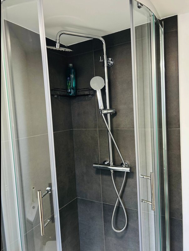 Modern shower enclosure with rainfall showerhead, handheld spray and thermostatic controls