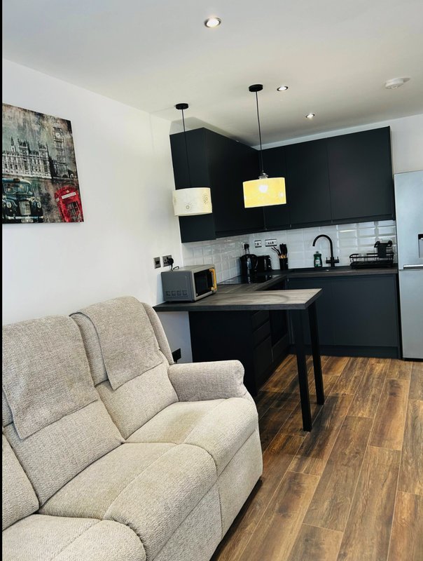 Open-plan kitchen and living area with black cabinetry, cream sofa, wooden flooring and pendant lights