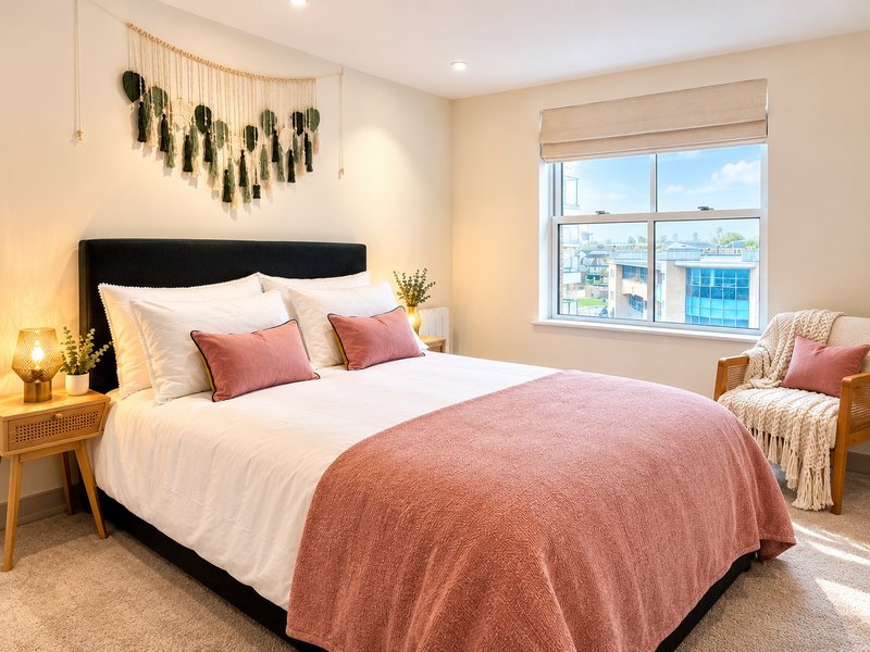 Bedroom with double bed, pink bedding, black headboard, wall decor, and city view windows