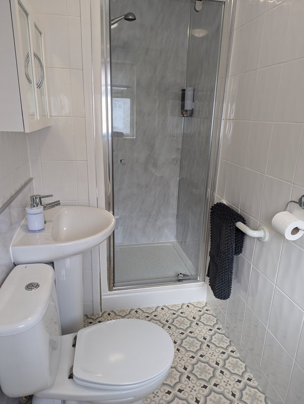 Compact bathroom with toilet, pedestal sink, shower enclosure and patterned floor tiles