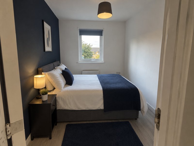 Compact bedroom with single bed, navy accent wall, bedside lamp and window view