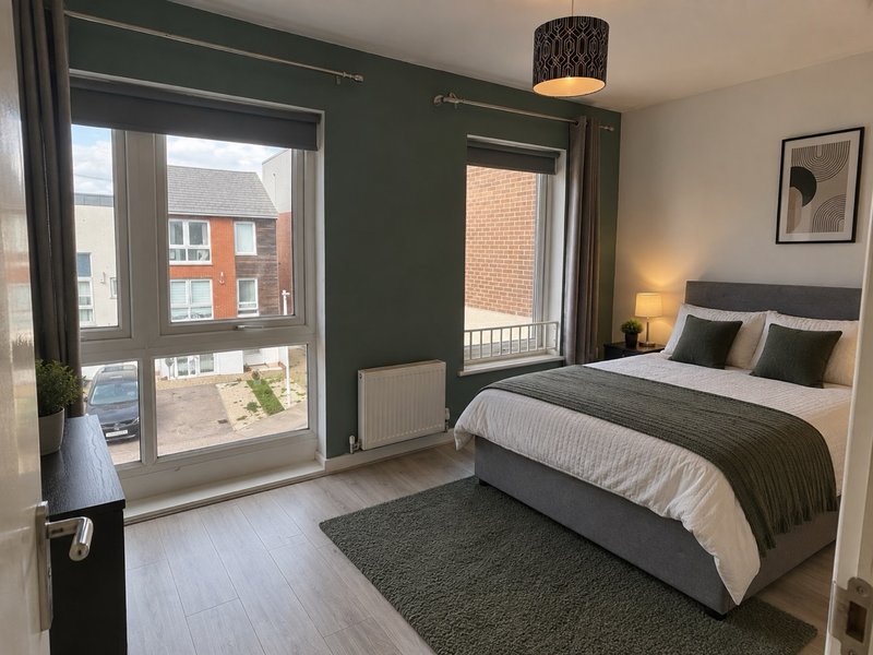 Modern bedroom with double bed, green accent wall, balcony doors and city views