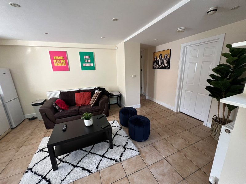 Open-plan living area with brown sofa, black coffee table, geometric rug and modern artwork