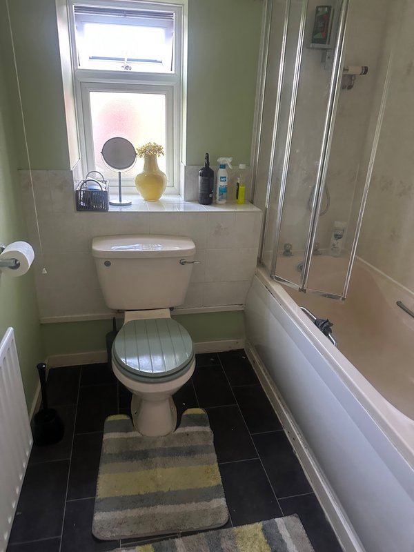 Bathroom with toilet, bathtub, window, and bathroom products on windowsill