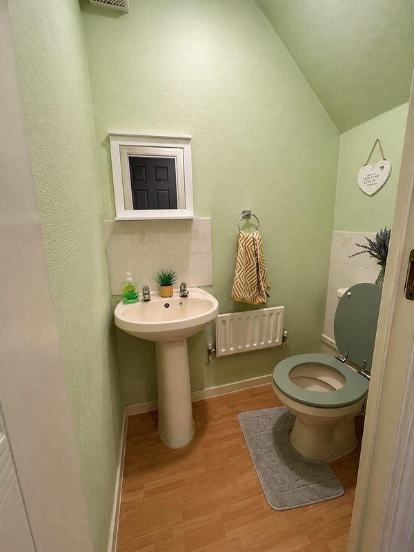 Small bathroom with pedestal sink, toilet, wooden floor and pale green walls