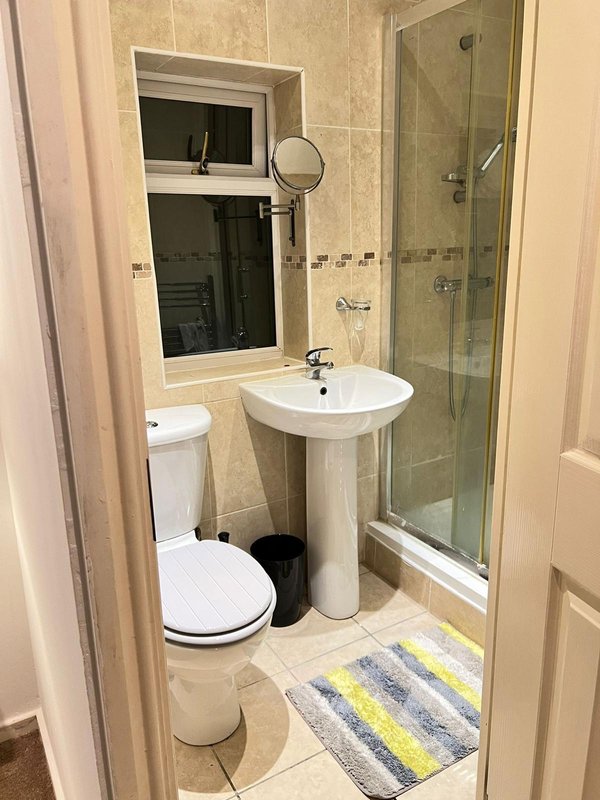 Compact bathroom with toilet, pedestal sink, mirror and walk-in shower enclosure