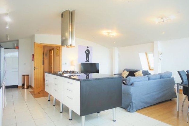 Open-plan living space with kitchen island, blue sofa, wooden doors and recessed lighting