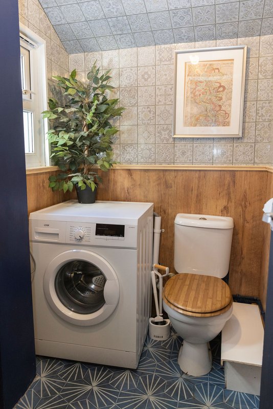 Compact bathroom with white washing machine, toilet, potted plant, and tiled walls