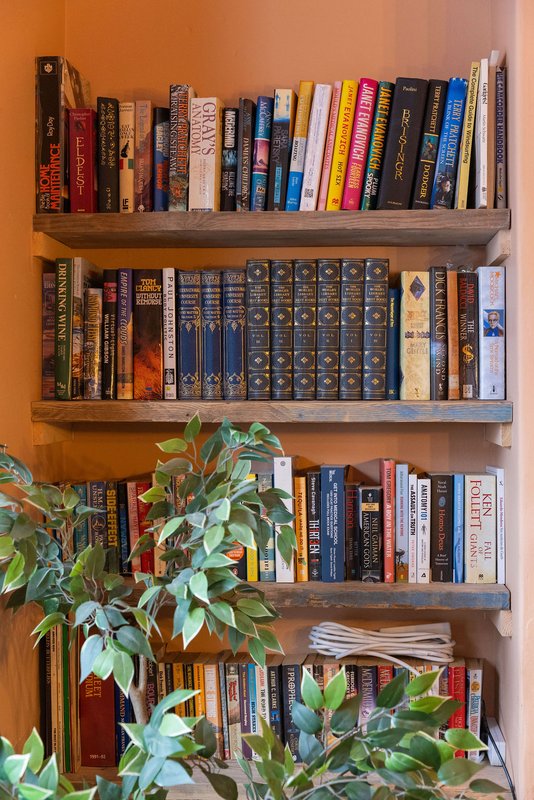 Four wooden shelves with books and decorative plant against orange wall