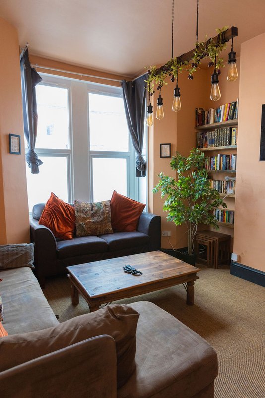 Warm living room with sofa, armchair, bookshelves, hanging plants and large windows