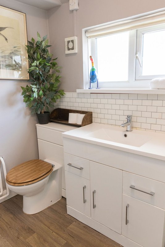 Modern bathroom with white vanity, subway tile backsplash, toilet, plant and window