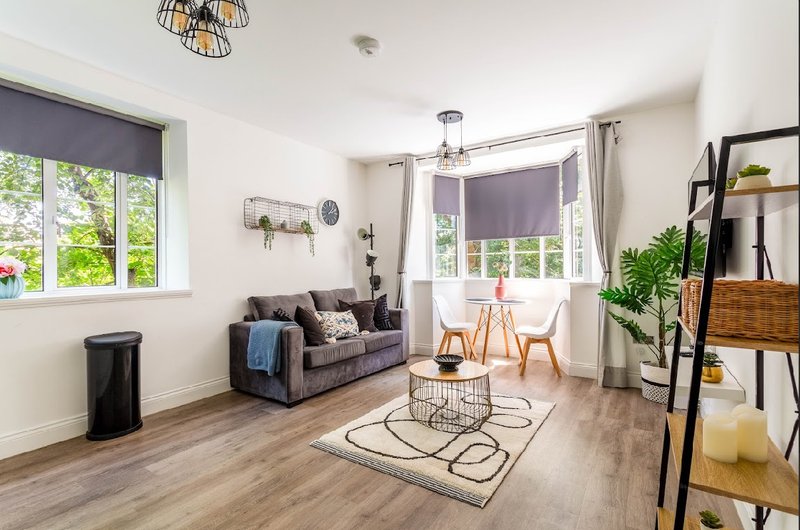 Bright living room with gray sofa, wooden floor, dining chairs, and potted plants by windows