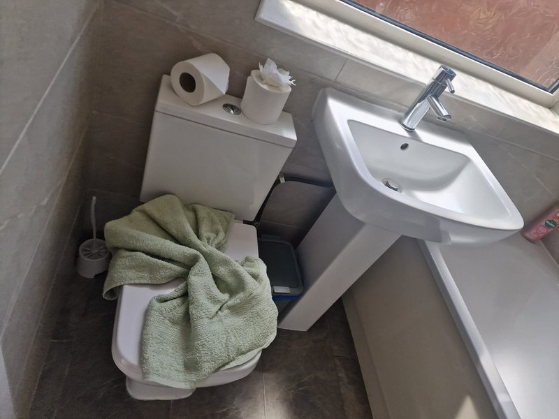 Small bathroom with toilet, sink, and green towel on seat