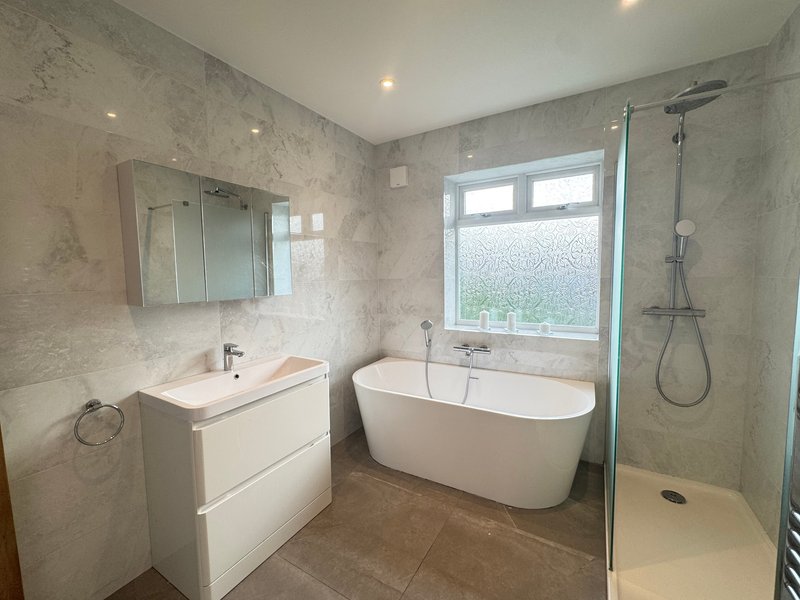 Modern bathroom with freestanding tub, walk-in shower, vanity sink and window