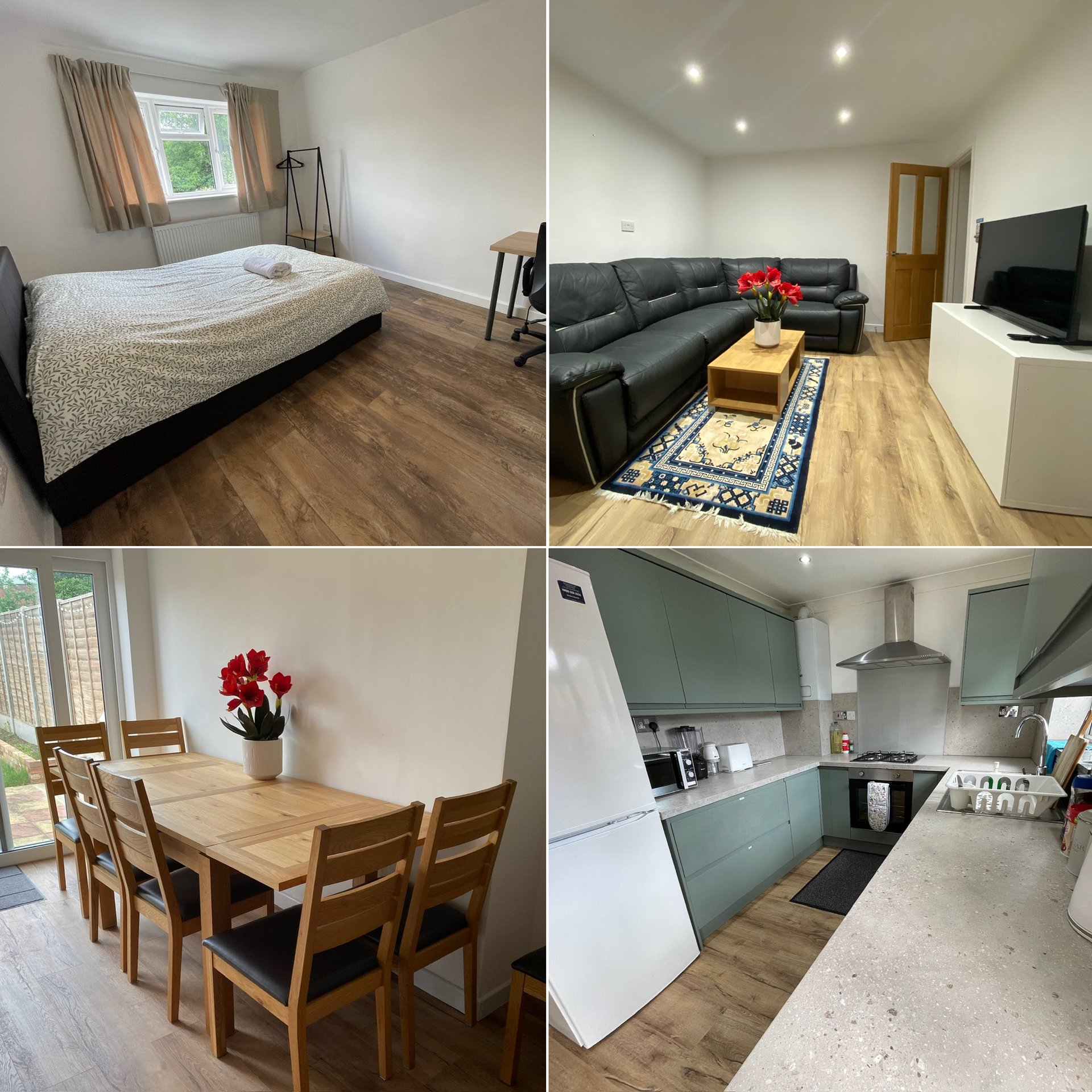 Four-panel collage showing bedroom, living room, dining area, and modern kitchen