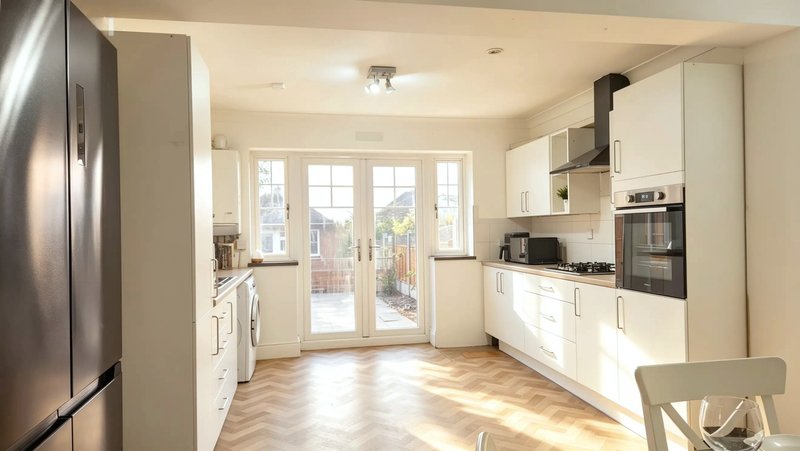 Modern kitchen with cream cabinets, stainless steel appliances, wooden floor and garden doors
