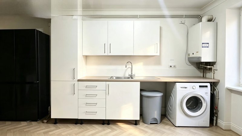 Modern kitchen with white cabinets, sink, washing machine and black refrigerator