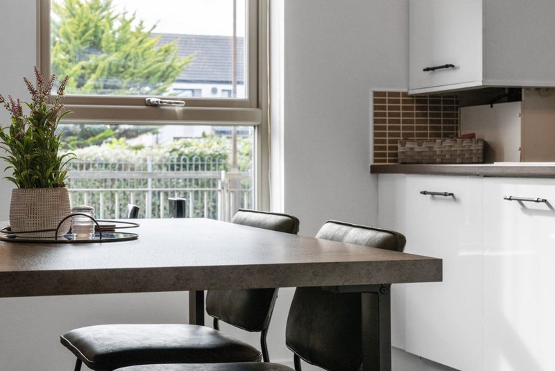 Modern kitchen with dark countertop, white cabinetry, potted plant, and window overlooking garden