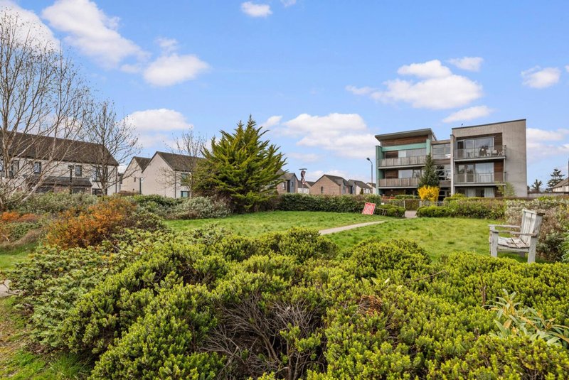 Modern apartment building with landscaped garden, shrubs and neighboring residential properties