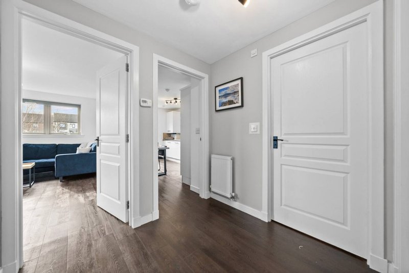 Bright hallway with white doors, dark wood flooring, and view into blue furnished living room
