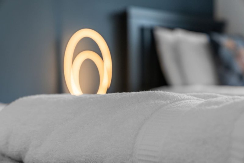 Bedroom with white bedding, modern oval lamp, and blurred headboard in background