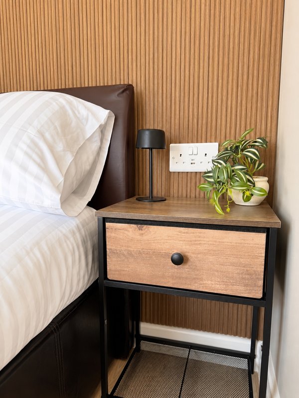 Bedroom nightstand with lamp, potted plant, and outlet beside bed