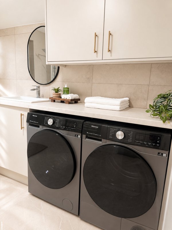Modern laundry room with two black front-load washing machines, white cabinetry, circular mirror and sink
