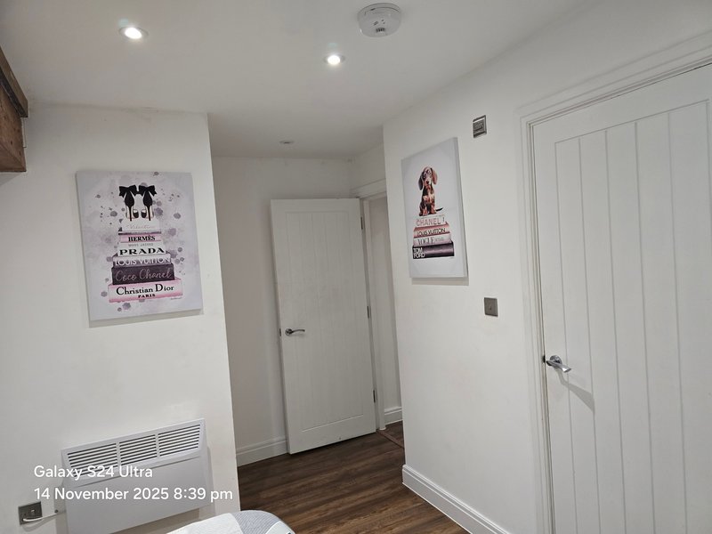 Modern hallway with white walls, wooden floor, recessed lighting and two doors