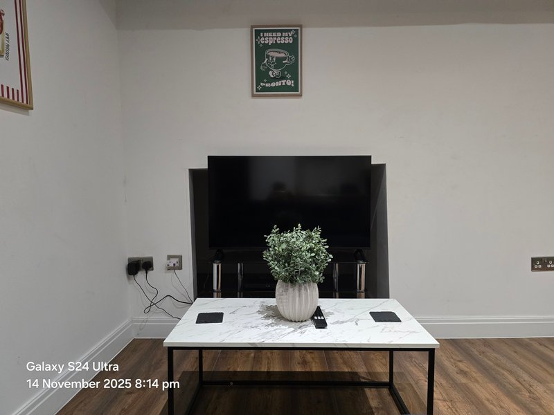 Modern living room with white marble table, potted plant, black TV unit and wall art
