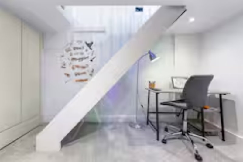 Modern home office under stairs with desk, chair, and wall-mounted aircraft decor
