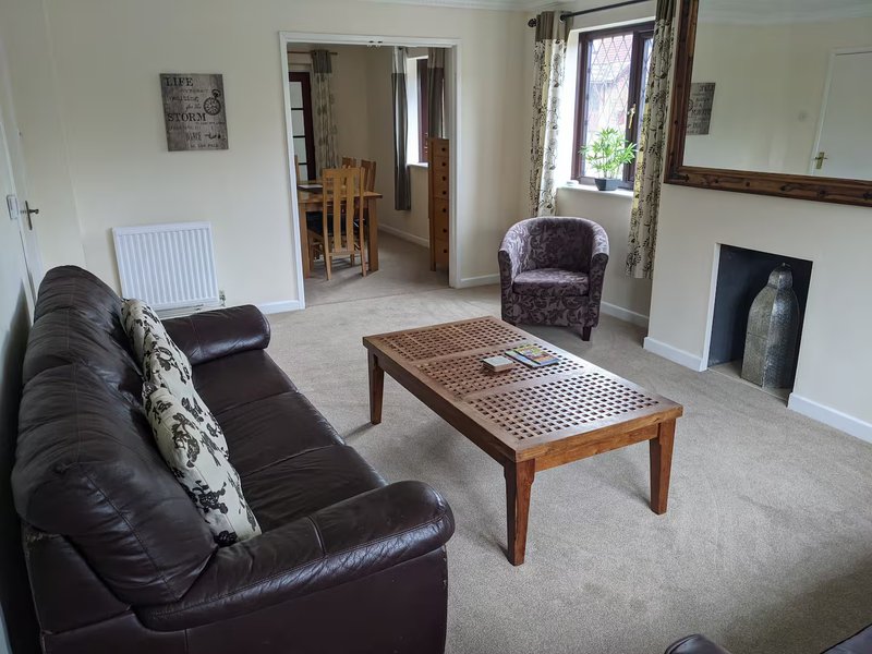Spacious living room with dark leather sofa, wooden coffee table, armchair and fireplace