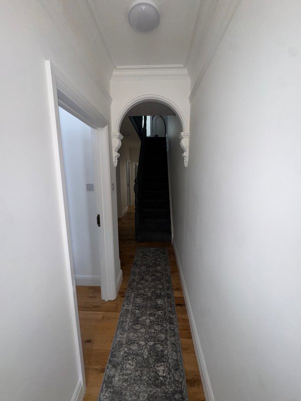 Narrow hallway with white walls, wooden flooring, gray runner carpet, and ceiling light