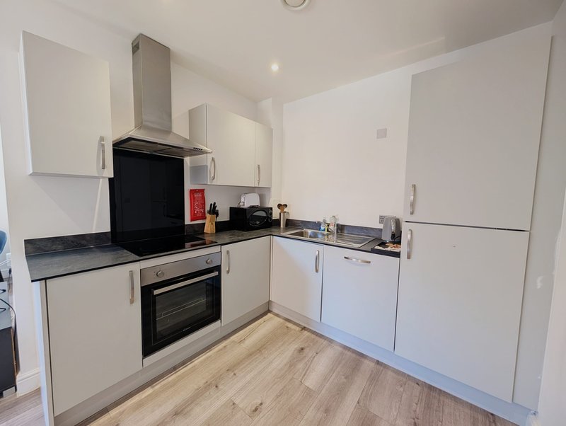 Modern kitchen with white cabinets, black countertop, stainless steel appliances and wooden flooring