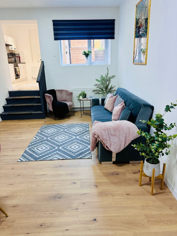Open-plan living room with blue sofa, pink throw blanket, potted plants, geometric rug and wooden flooring