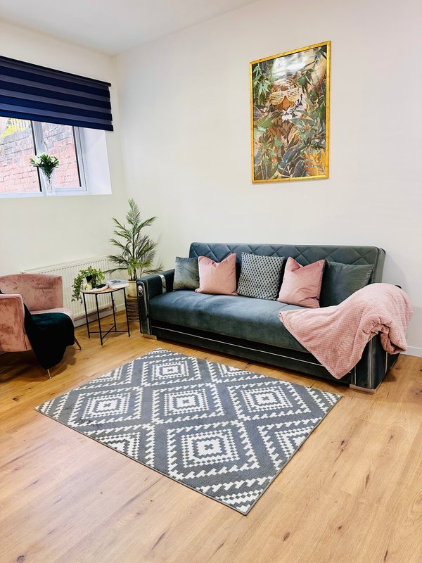 Modern living room with green sofa, pink throw blanket, patterned rug, potted plant, and framed botanical artwork.