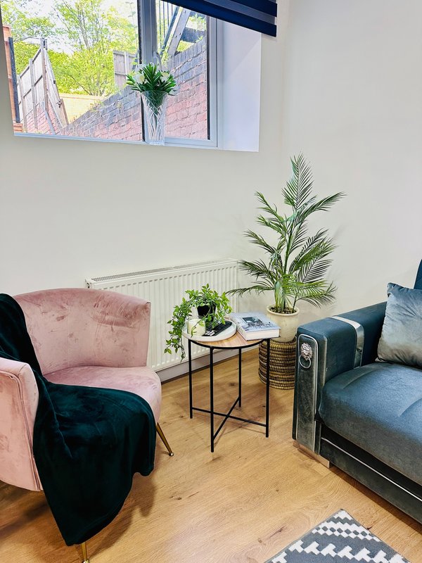 Living room with pink armchair, blue sofa, small side table with plants and window