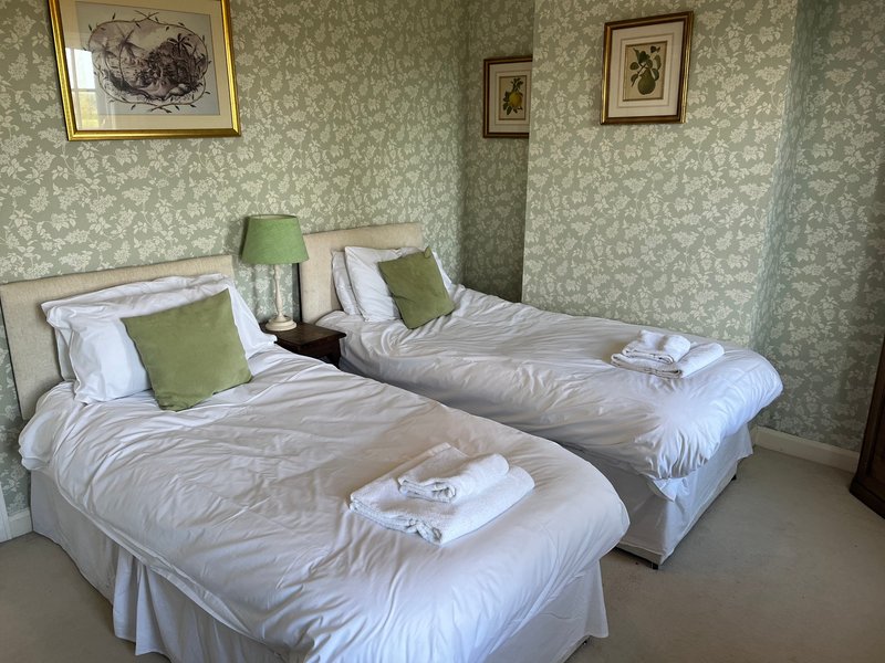 Twin bedroom with two single beds, white bedding, green cushions and vintage wallpaper