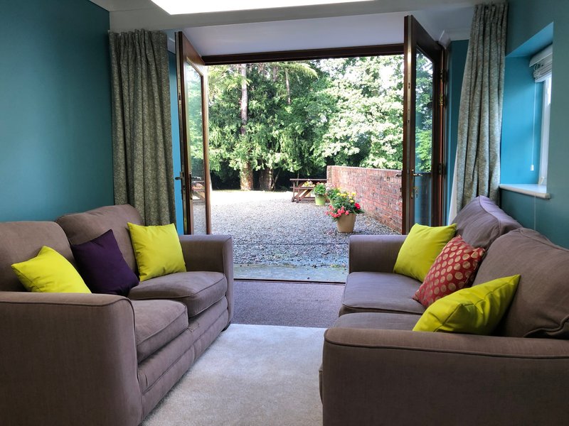 Bright living room with two brown sofas, colorful cushions, and open doors to garden.