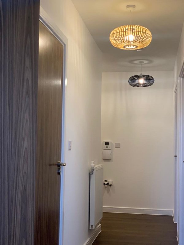 Hallway with pendant ceiling lights, wooden door, white walls and dark flooring