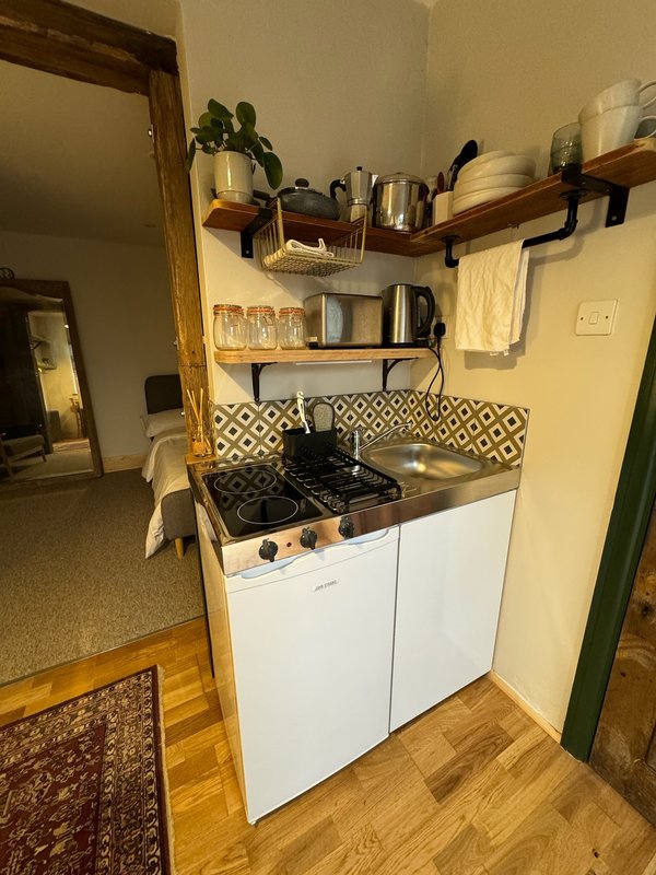 Compact kitchenette with white cabinetry, black stovetop, open shelving, and wooden flooring