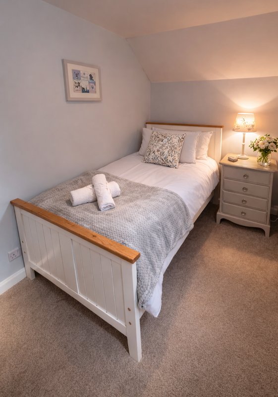 Bright bedroom with single bed, bedside table, lamp, and framed wall art