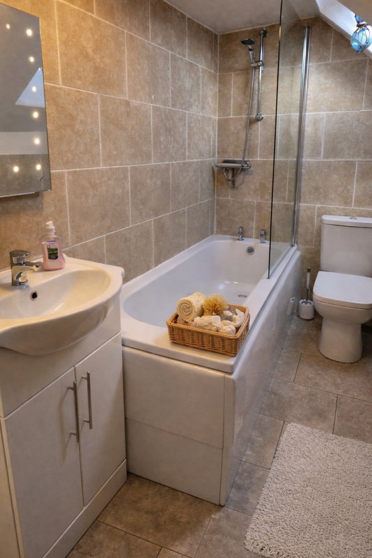 Bathroom with beige tile walls, white sink, bathtub with shower screen and woven basket storage