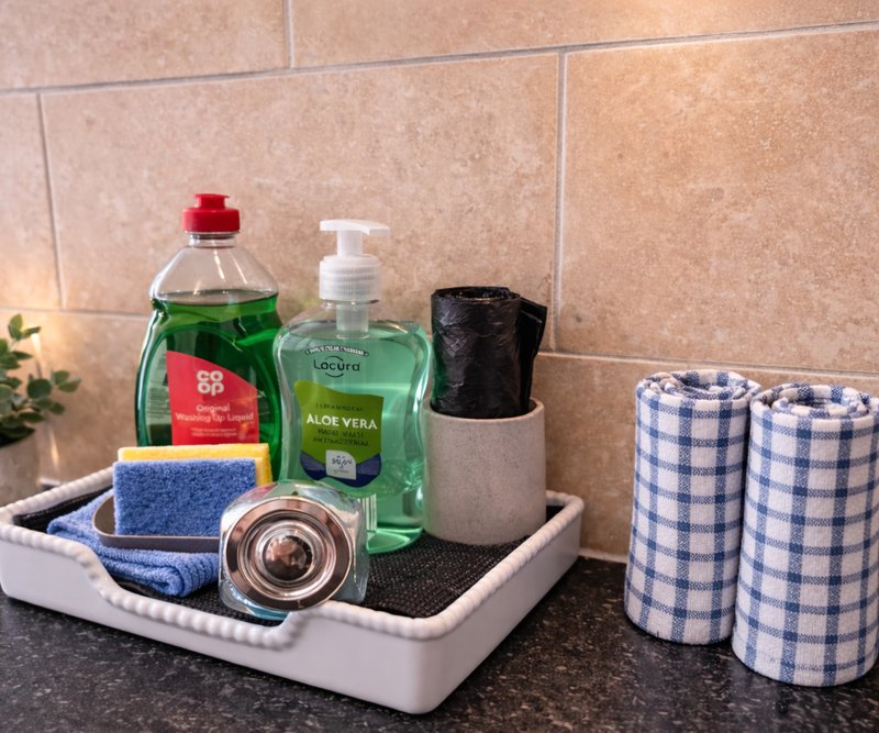 Bathroom counter with cleaning supplies, aloe vera soap, sponges, and checkered hand towels