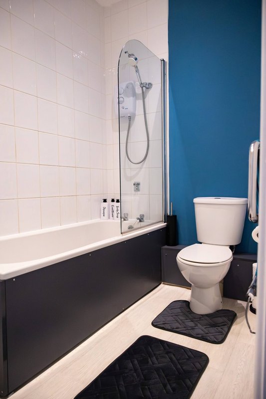 Modern bathroom with bathtub, shower enclosure, toilet, and black bath mats