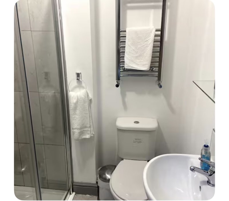 Small modern bathroom with shower cubicle, toilet, sink and towel rail