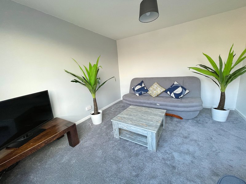 Modern living room with grey sofa, wooden TV stand, coffee table and potted plants